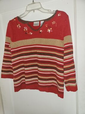 villager Liz Clairborne Vintage Red Striped Floral Embroidered V-Neck Sweater
